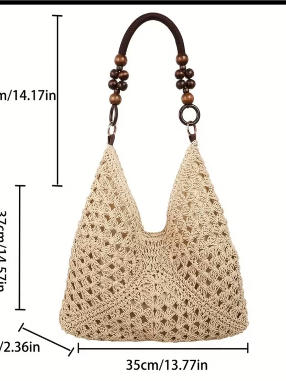 Handwoven Crochet Shoulder Bag with Beaded Handle - Brown - Picture 4 of 4